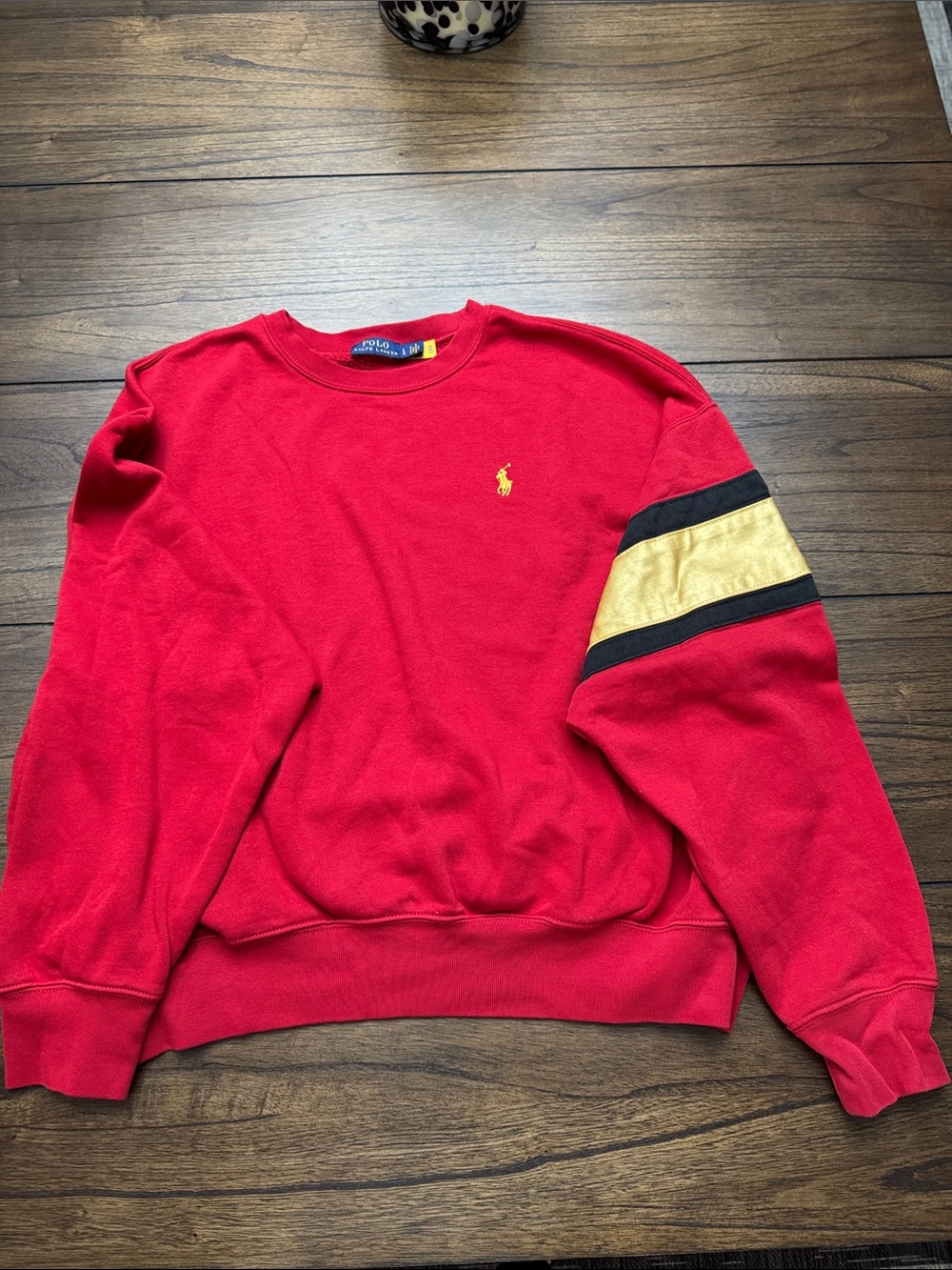 Polo by Ralph Lauren Red Crewneck Sweater with Gold and Black Sleeve Stripes